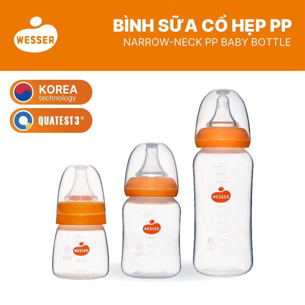 Bình sữa cổ HẸP PP Wesser 60ml/140ml/250ml (PP MÀU TRẮNG)