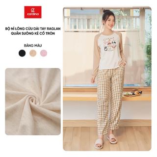  Đồ bộ nỉ nữ CARDINA  áo nỉ lông cừu dài tay phối quần thô kẻ dáng suông 5BTD02 