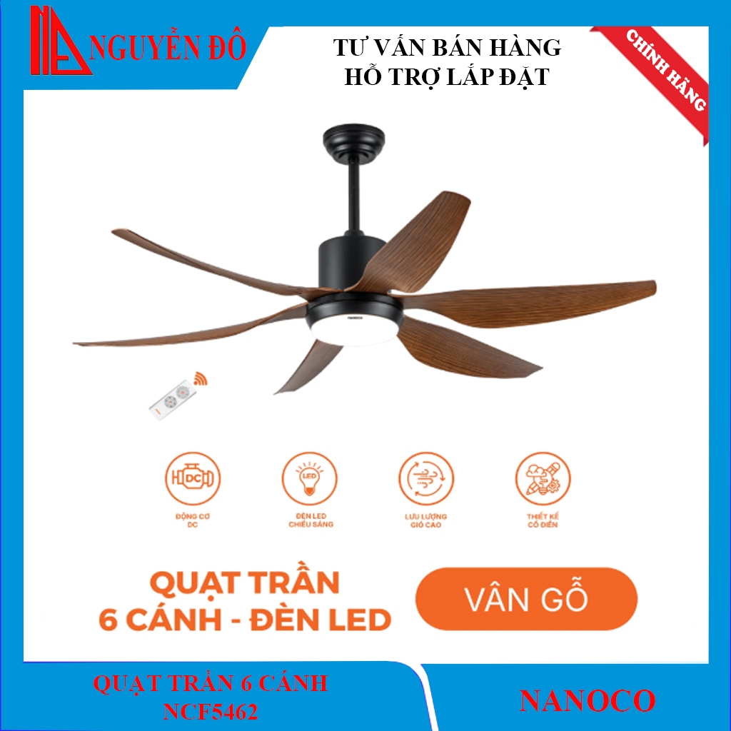 Quạt trần 6 cánh Nanoco NCF5462 tích hợp đèn LED với 3 chế độ ánh sáng, điều khiển bằng remote động 