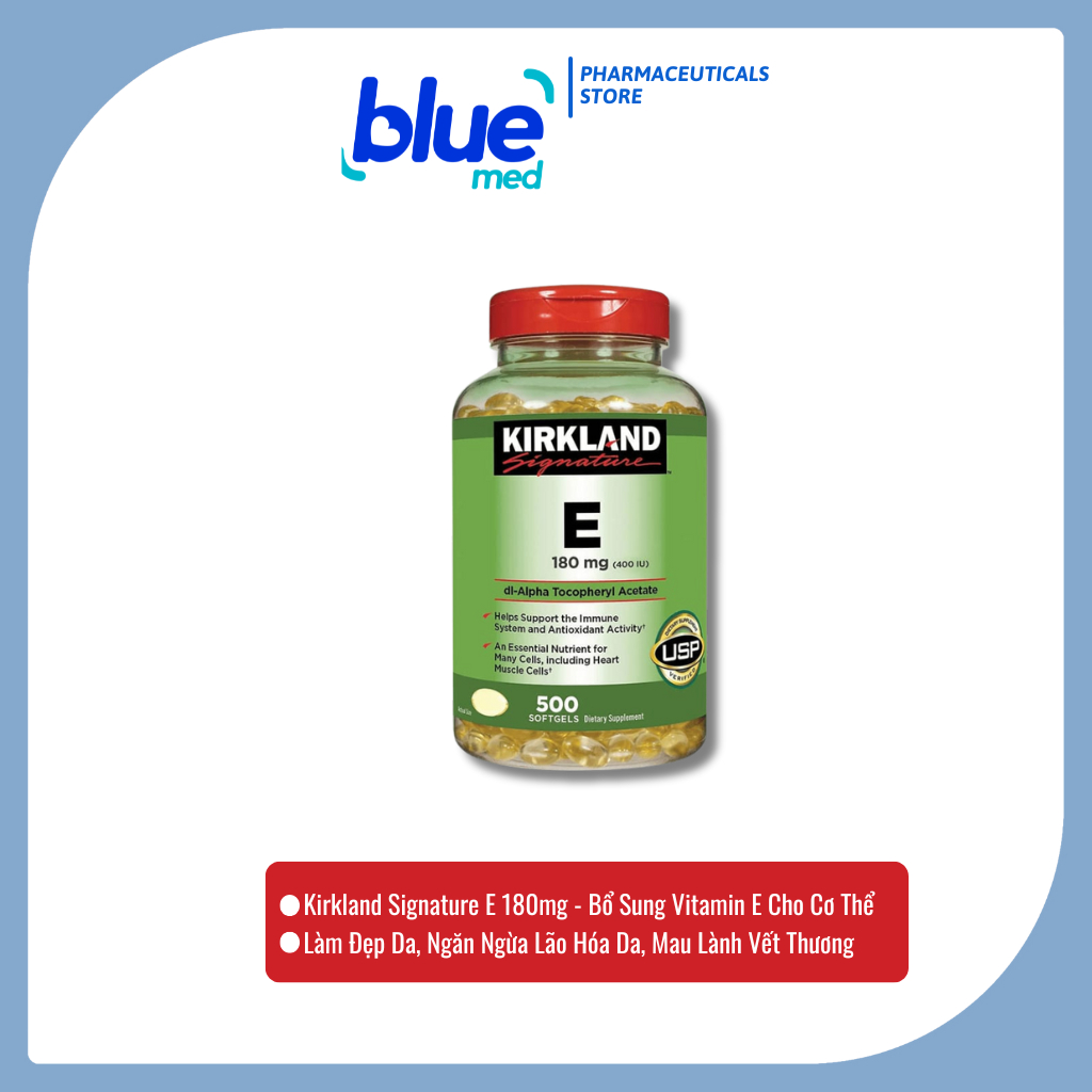 Vitamin E Kirkland 180mg - Bổ Sung Vitamin E Cho Cơ Thể, Làm Đẹp Da, Chống Lão Hóa - Lọ 500V