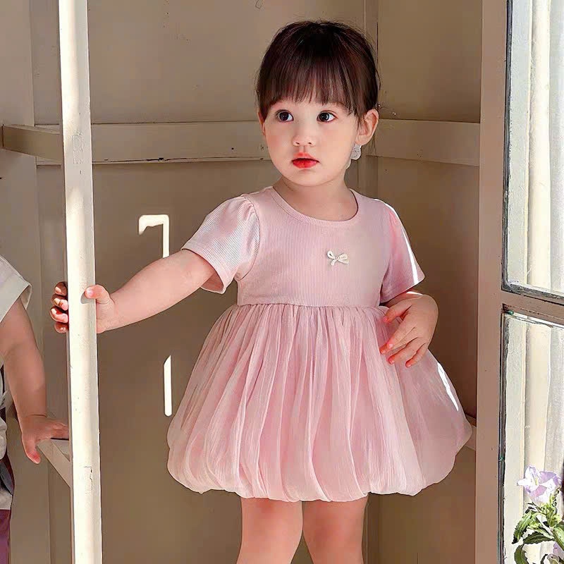 Váy bé gái cọc tay cổ tròn chân váy bồng 2 lớp cho bé gái 1 tuổi đến 5 tuổi
