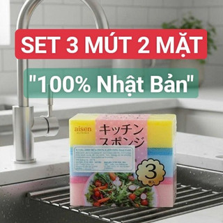 🔥 hàng nhật, set 3 miếng mút rửa chén aisen kcj21 kháng khuẩn 2 mặt siêu tạo bọt, top 1 bán chạy tại nhật