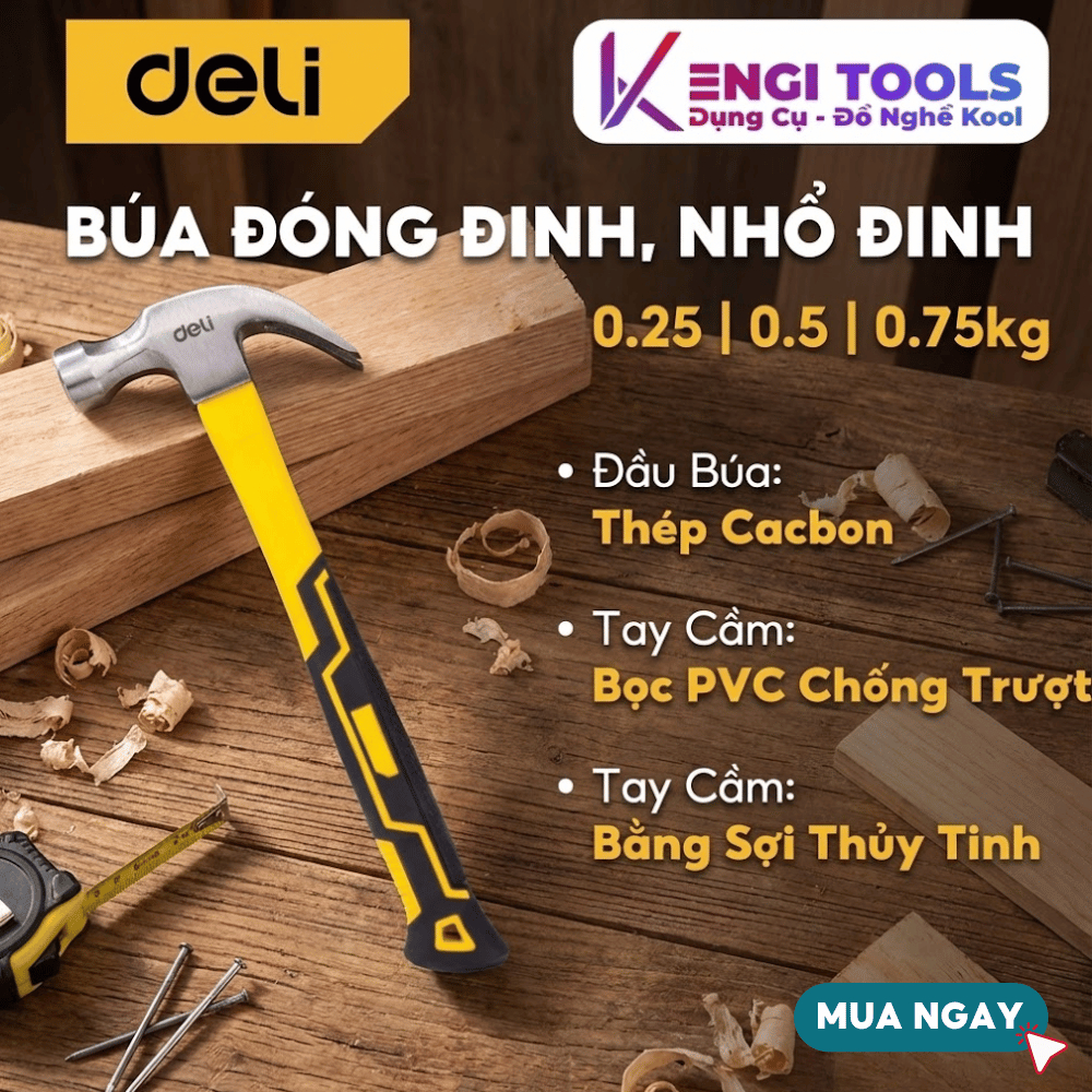Búa Đóng, Nhổ Đinh Deli - Đầu Tròn & Uốn Cong, Tay Cầm Chắc Chắn - EDL5001 (0.25kg), EDL5002 (0.5kg)