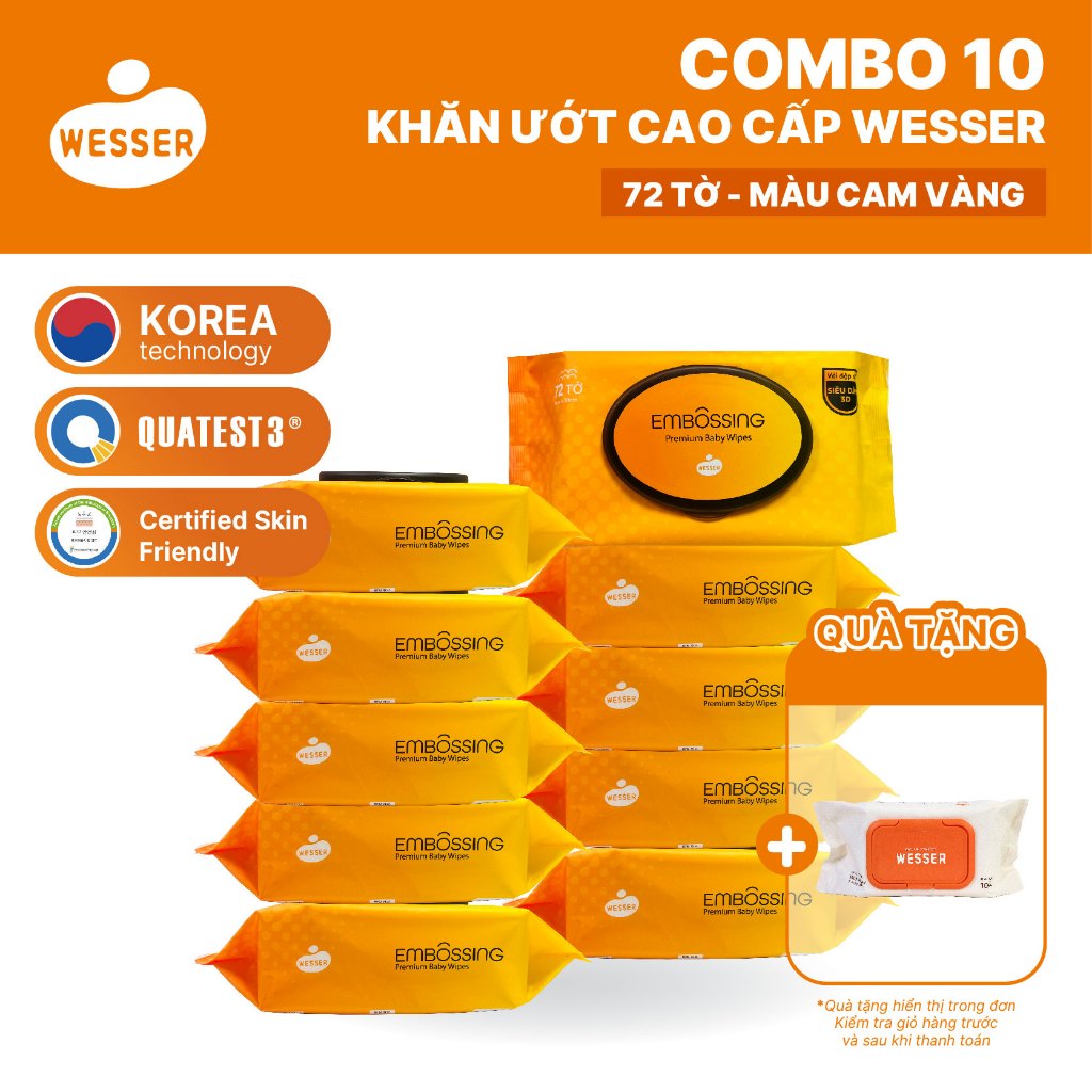 Bộ 10 gói khăn ướt cao cấp Wesser 72 tờ - màu cam vàng