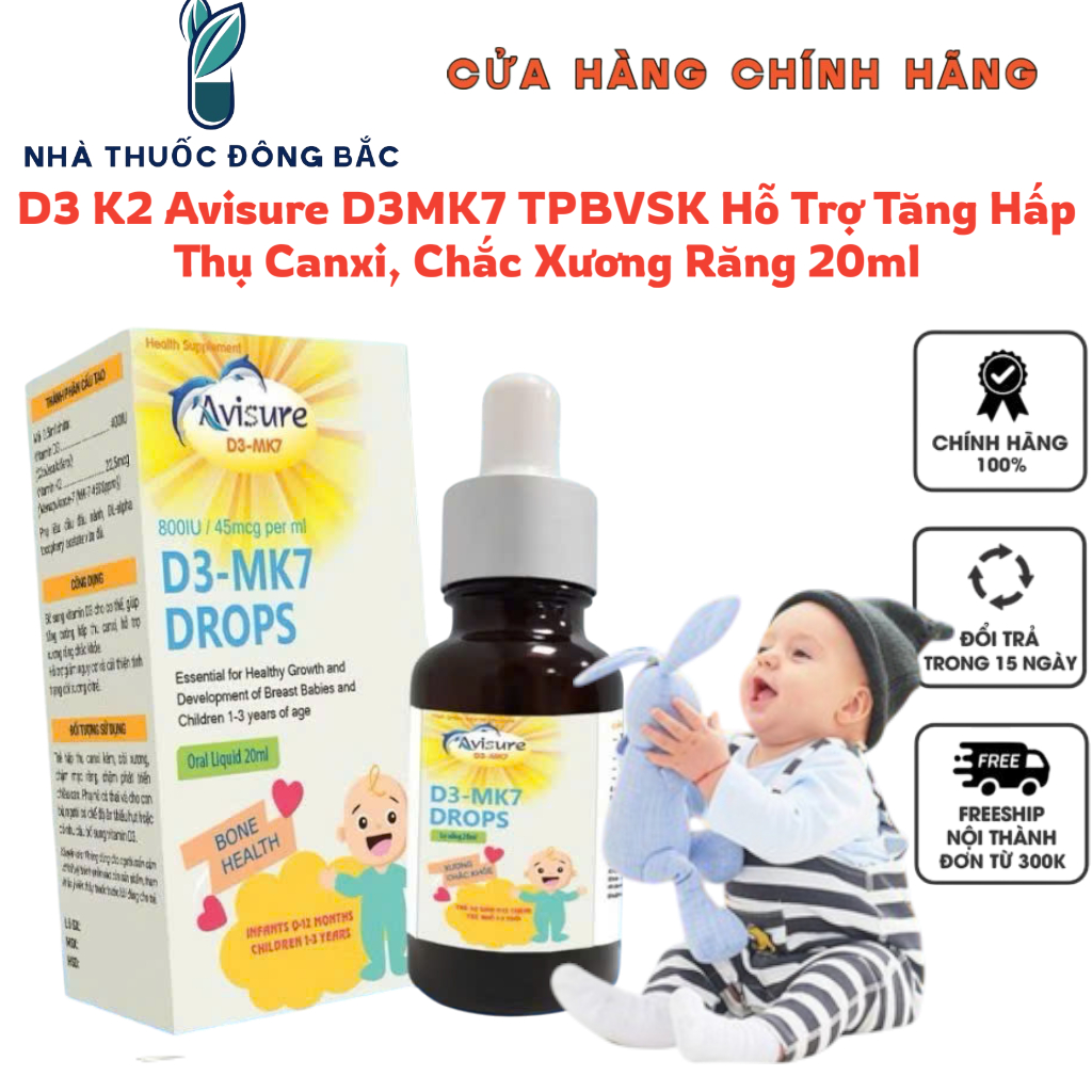 D3 K2 Avisure D3MK7 TPBVSK Hỗ Trợ Tăng Hấp Thụ Canxi, Chắc Xương Răng 20ml