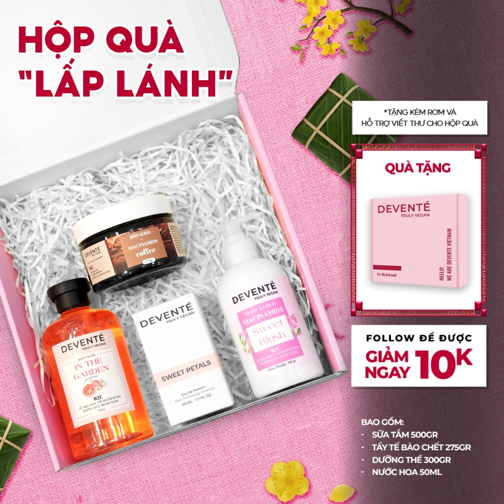 Hộp Quà TẾT LẤP LÁNH DEVENTE Gồm Sữa tắm 500g + Tẩy tế bào body 275g + Bodylotion 300g + Nước hoa 50