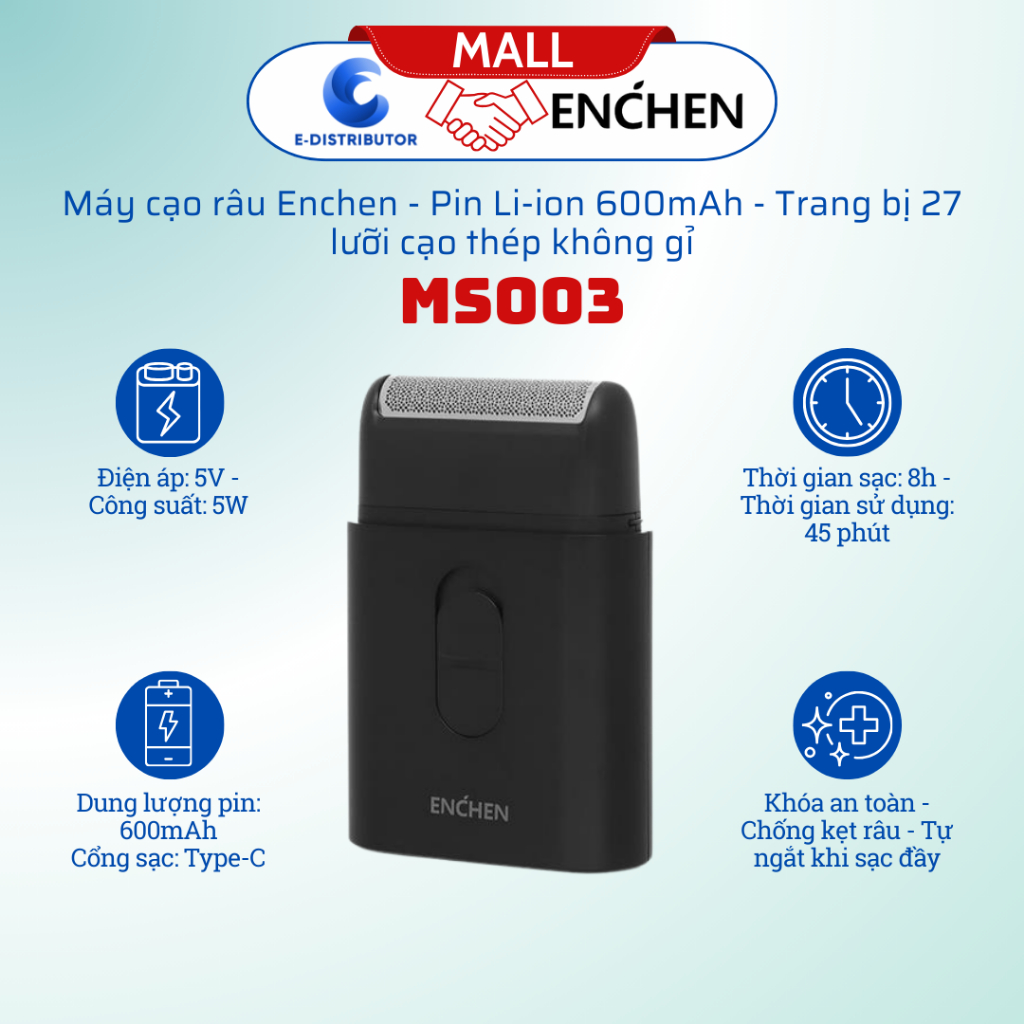 Máy cạo râu Enchen MS003,Dùng Pin Li-on 600mAh,Trang bị 27 lưỡi cạo thép không gỉ - Hàng chính hãng