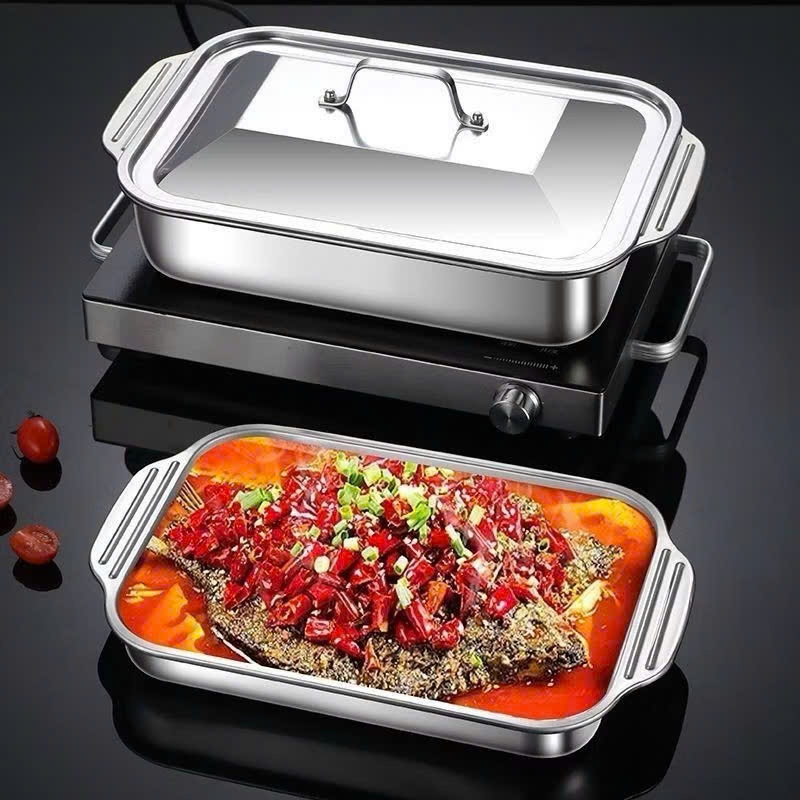 Khay Hấp Inox Kèm Nắp, Khay Inox Đựng Đồ Ăn, Khay Hấp Cá, Nấu Lẩu Đa Năng