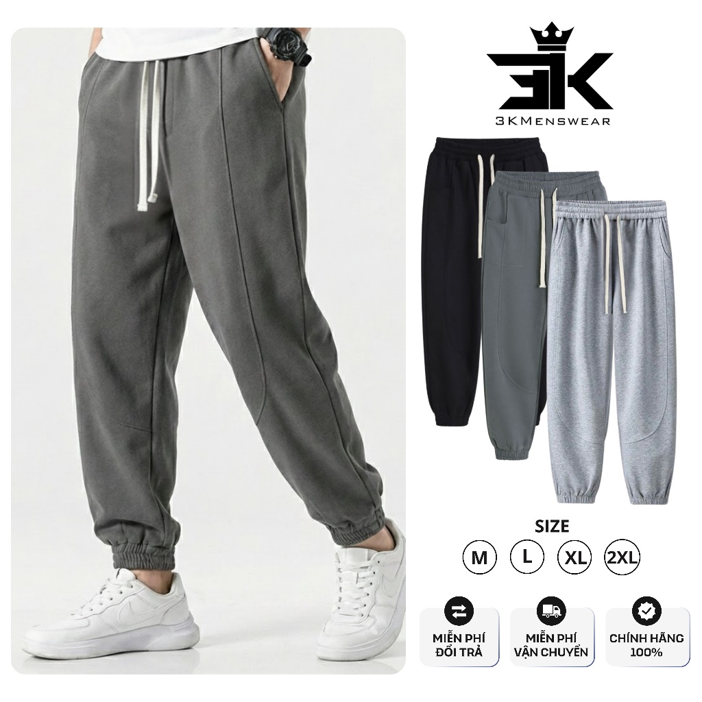 Quần Nỉ Nam, Quần Jogger 3KMenswear Ống Rộng Thể Thao Chất Liệu Nỉ Cotton Sport Gym Tập Gym
