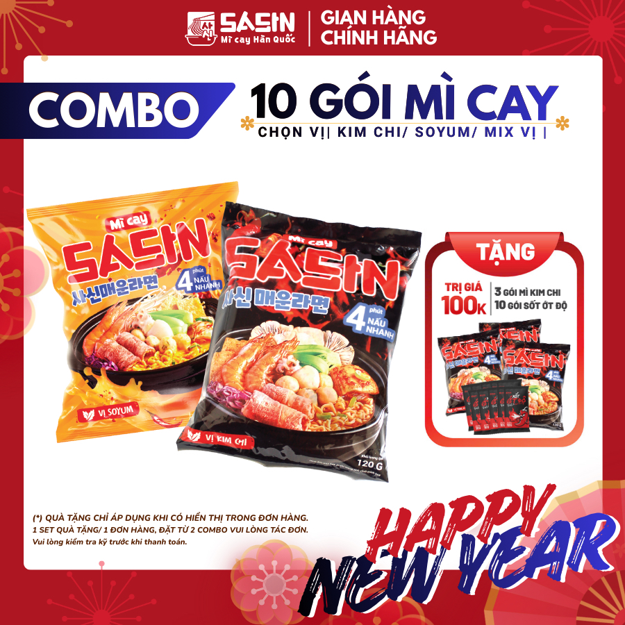  Mì Cay Sasin  Combo 10 gói mì + 10 gói ớt độ   Chọn vị  