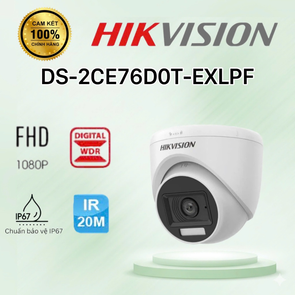 Camera HDTVI 2MP Dome Dual Light HIKVISION DS-2CE76D0T-EXLPF - VỎ NHỰA