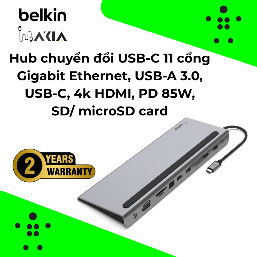 Bộ chuyển đổi Belkin 11-in-1 USB-C Hub, HDMI 4K, DisplayPort, VGA, 3 cổng USB-A, khe cắm thẻ SD