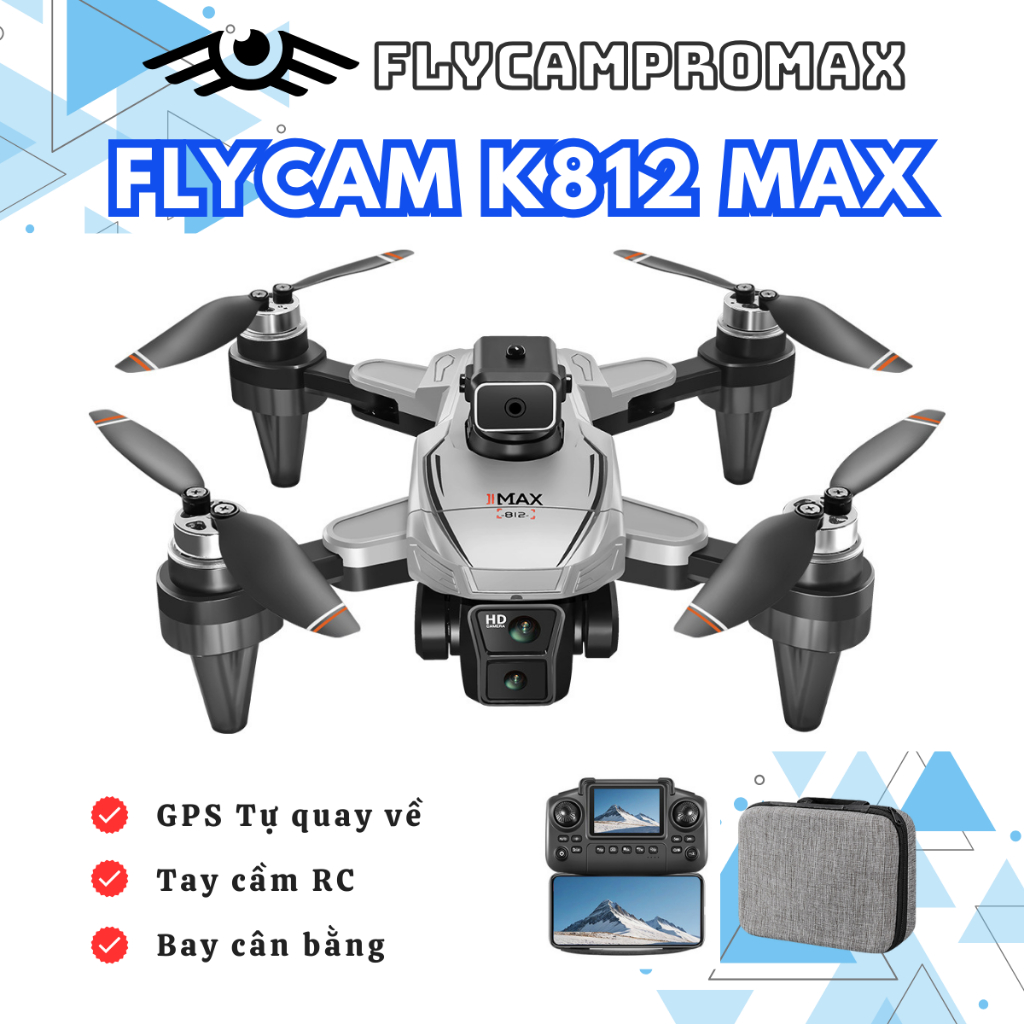 Flycam K812 Pro Max, flycam Máy Bay Điều Khiển Có Tay Cầm Màn Hình Drone Định Vị GPS Tự Quay Về