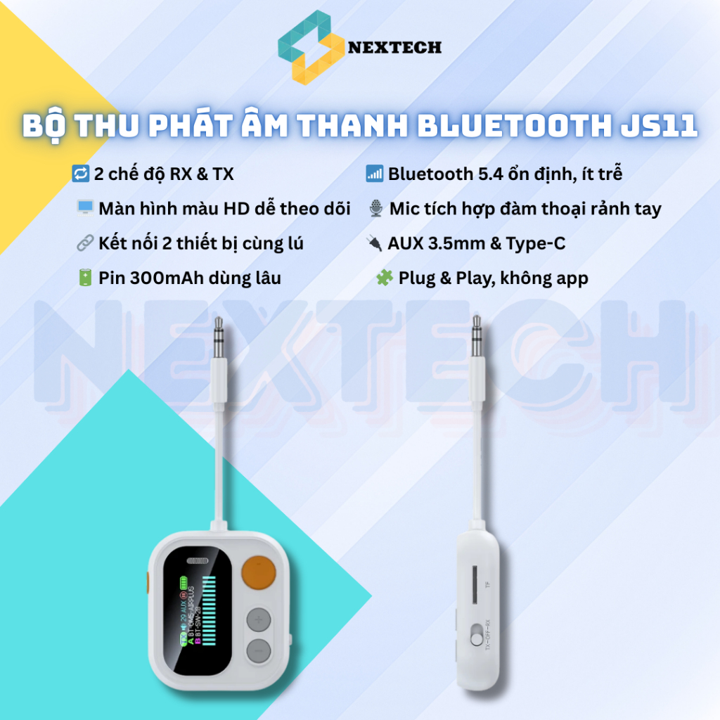 Bộ thu phát âm thanh Bluetooth 5.4 JS11 2in1 Receiver Transmitter màn hình màu, adapter không dây AU