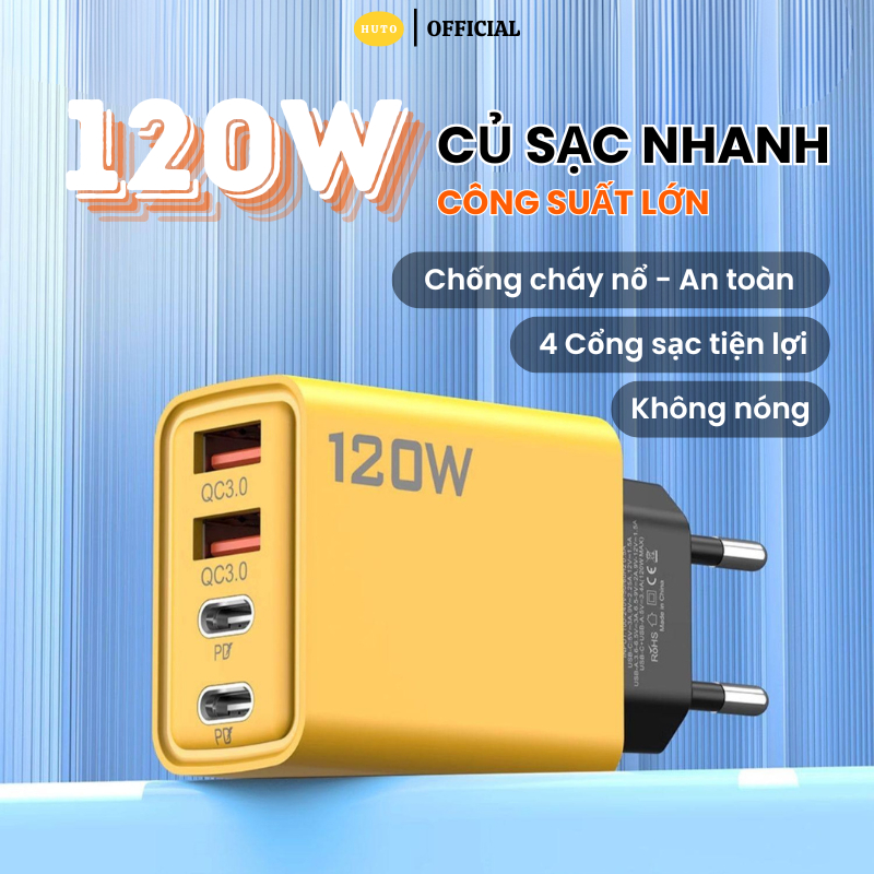 Củ Sạc Nhanh 120W HUTO 4 Cổng Sạc PD USB TypeC Thích Hợp Với Nhiều Thiết Bị Tiện Lợi