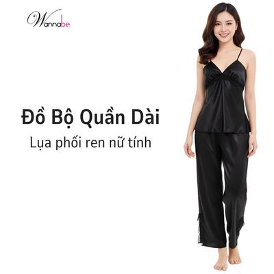 Đồ bộ mặc nhà WANNABE bộ đồ quần dài áo 2 dây cúp ngực viền ren gợn sóng nhẹ nhàng nữ tính BDS41