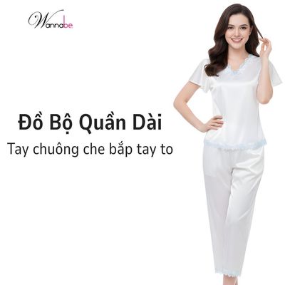 Đồ bộ mặc nhà lụa WANNABE quần dài áo cổ tim phối ren hoa nhẹ nhàng thoải mái suốt cả ngày BDS08