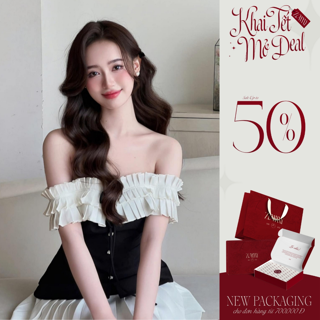 ZAMY SHOP - SM TK trễ vai xếp ly ngực đính nơ áo trễ vai xinh đẹp, áo sơ mi nữ kiểu mới nhất 2025