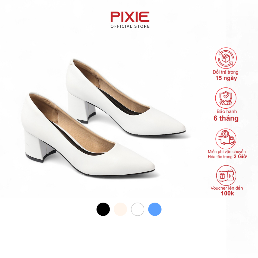 Giày Cao Gót Đế Vuông 5cm Mũi Nhọn Basic Màu Xanh Rêu Pixie P055
