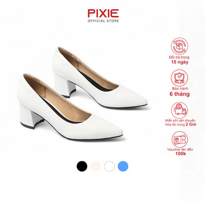 Giày Cao Gót Đế Vuông 5cm Mũi Nhọn Basic Màu Xanh Rêu Pixie P055