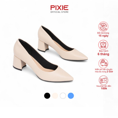 Giày Cao Gót Đế Vuông 5cm Mũi Nhọn Basic Màu Kem Pixie P055