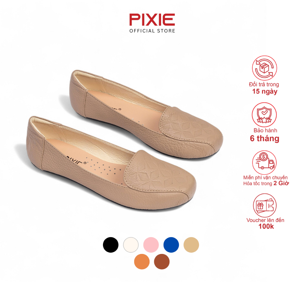 Giày Búp Bê Bệt Da Thật Mũi In Họa Tiết Pixie H177