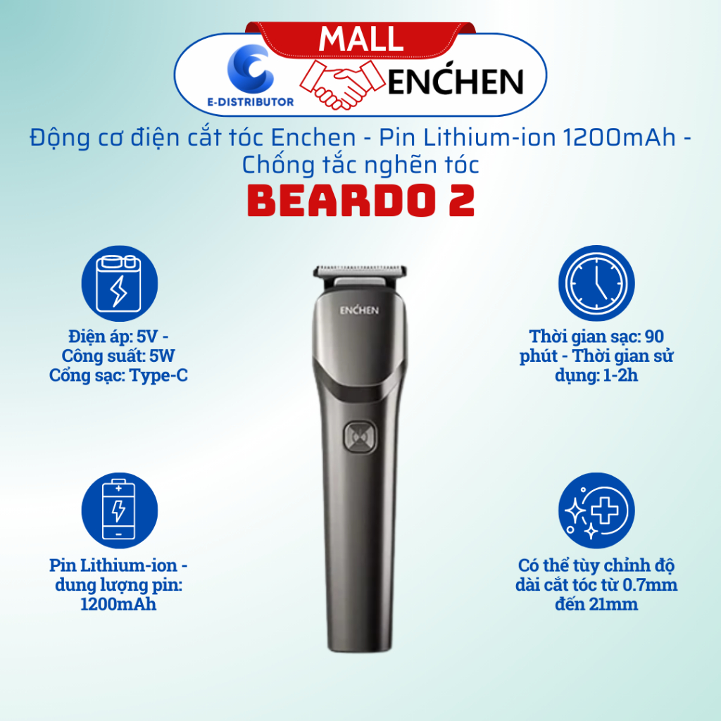 Tông đơ điện cắt tóc Enchen Beardo 2,Công suất 5W,Pin Lithium 1200mAh - Hàng chính hãng
