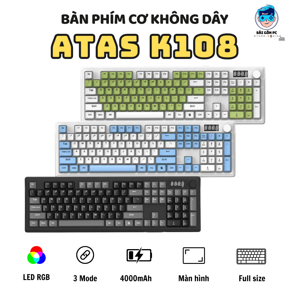 Bàn phím cơ không dây ATAS K108 3 Mode - LED RGB - Có Hot-swap - Pin 4000mah - Màn hình LED | BigBuy360 - bigbuy360.vn