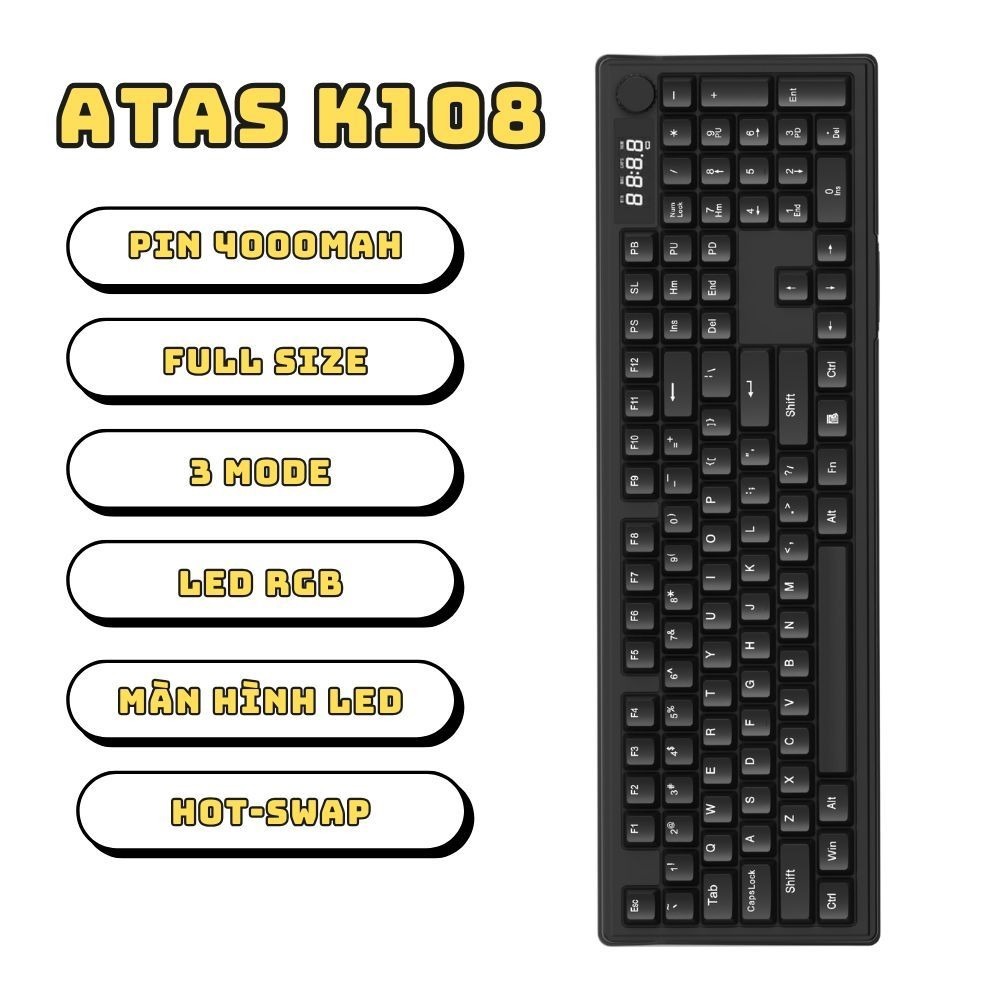 Bàn phím cơ không dây ATAS K108 3 Mode - LED RGB - Có Hot-swap - Pin 4000mah - Màn hình LED | BigBuy360 - bigbuy360.vn