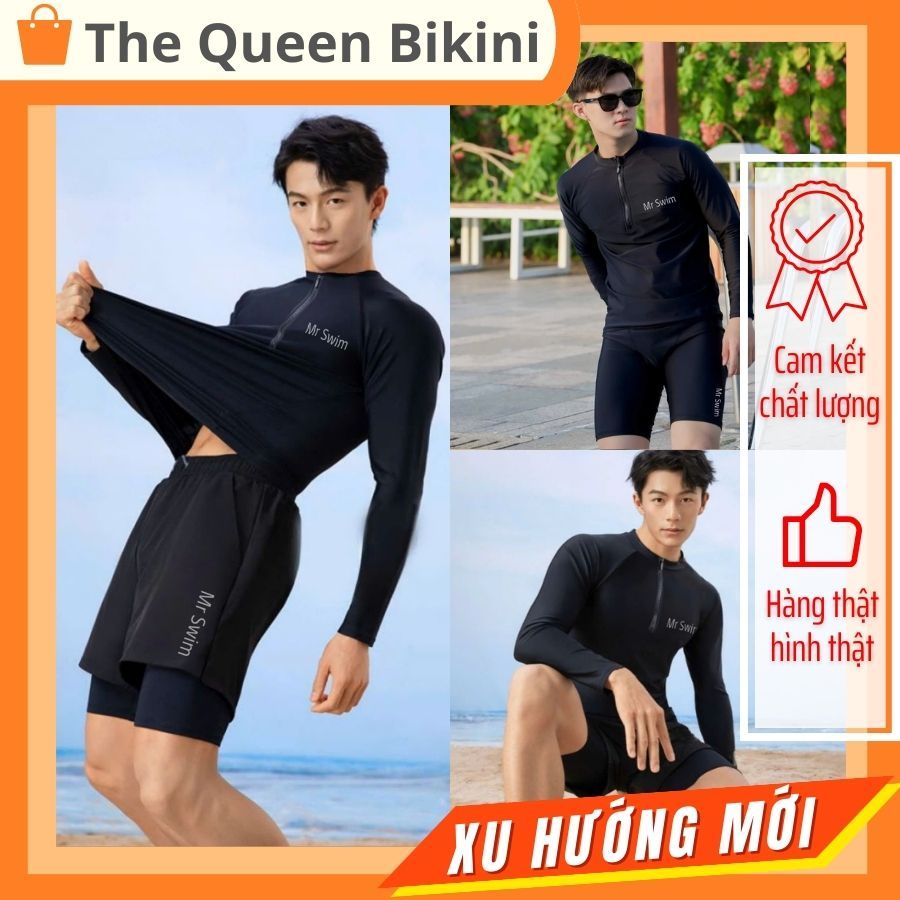 Đồ bơi nam Size M - 4XL đồ đi tắm biển màu đen quần 2 lớp áo dài tay & ngắn tay phối khóa kéo kín đáo thể thao 039