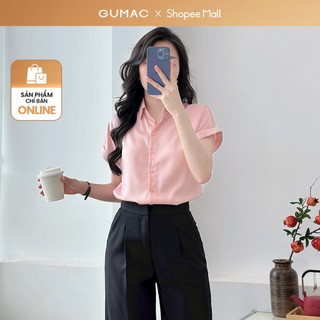  Áo sơ mi nữ tay ngắn GUMAC tay liền lật lai chất liệu ngọc trai lụa mềm mịn thoáng mát  AE04036 