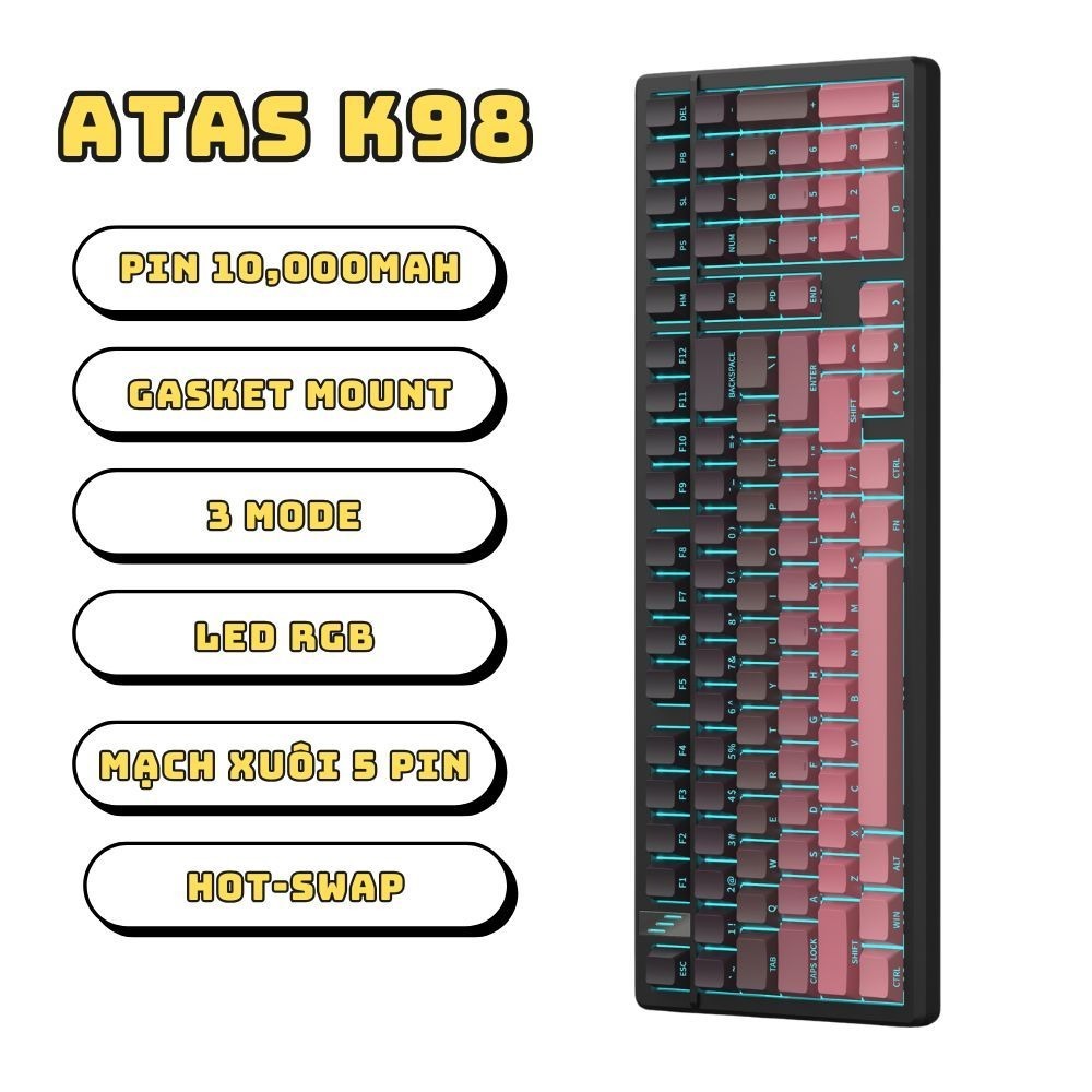Bàn phím cơ không dây ATAS K98 - Full Foam - 3 Mode - Pin 10000mah - Mạch xuôi - LED RGB - App Marco | BigBuy360 - bigbuy360.vn