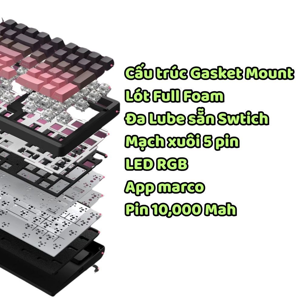 Bàn phím cơ không dây ATAS K98 - Full Foam - 3 Mode - Pin 10000mah - Mạch xuôi - LED RGB - App Marco | BigBuy360 - bigbuy360.vn