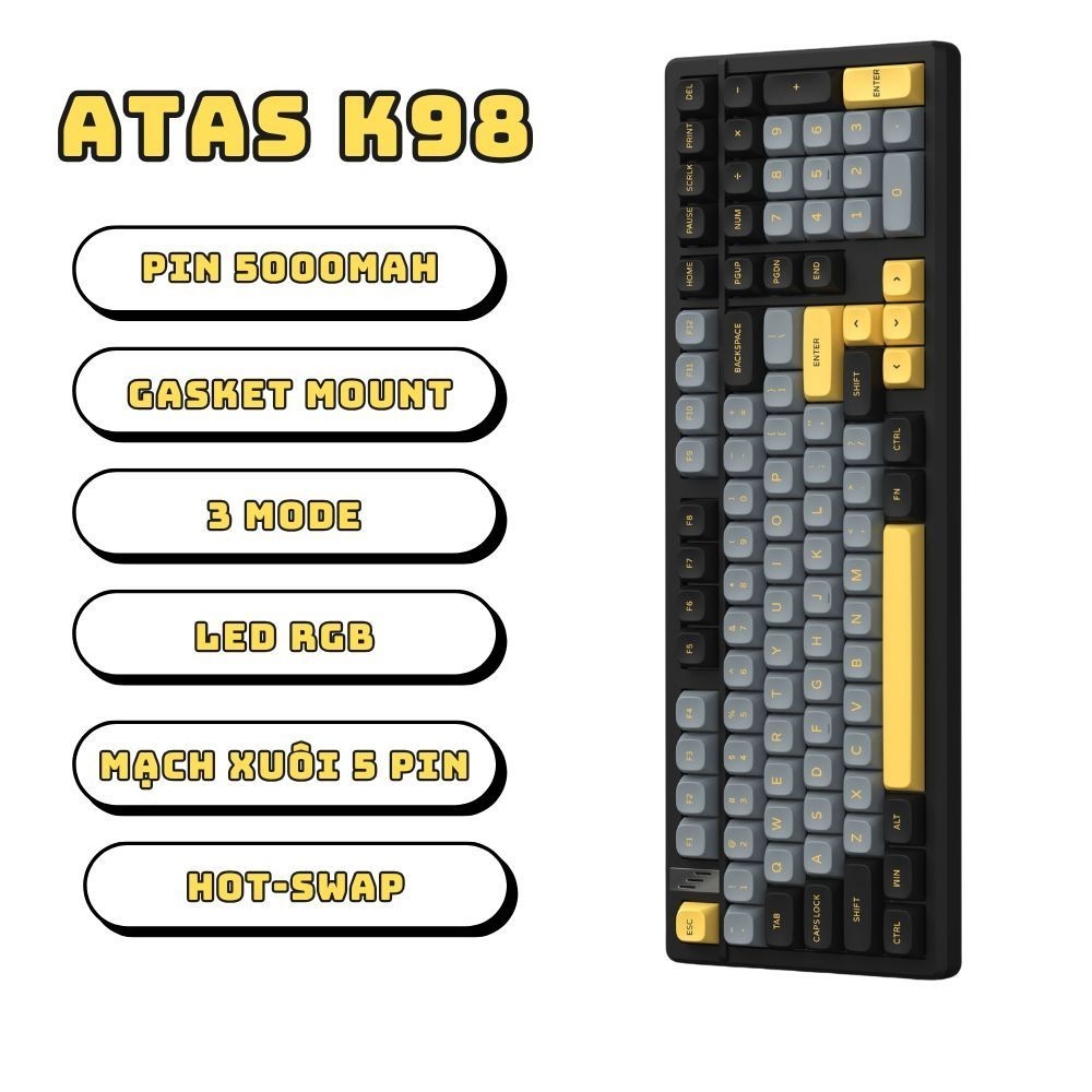 Bàn phím cơ không dây ATAS K98 - Full Foam - 3 Mode - Pin 10000mah - Mạch xuôi - LED RGB - App Marco | BigBuy360 - bigbuy360.vn