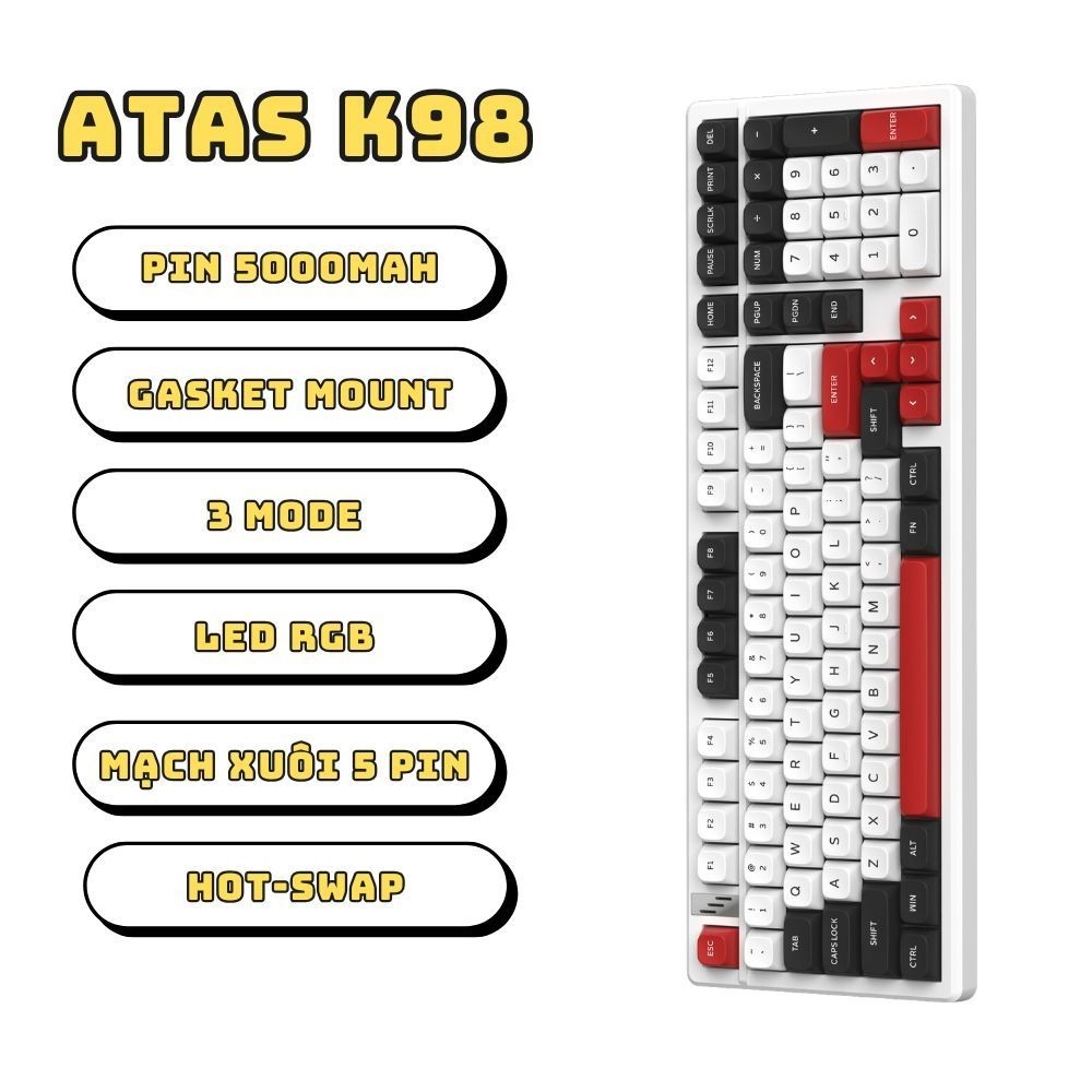 Bàn phím cơ không dây ATAS K98 - Full Foam - 3 Mode - Pin 10000mah - Mạch xuôi - LED RGB - App Marco | BigBuy360 - bigbuy360.vn