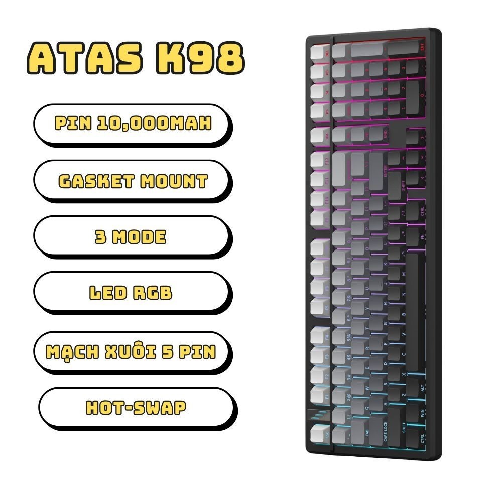 Bàn phím cơ không dây ATAS K98 - Full Foam - 3 Mode - Pin 10000mah - Mạch xuôi - LED RGB - App Marco | BigBuy360 - bigbuy360.vn