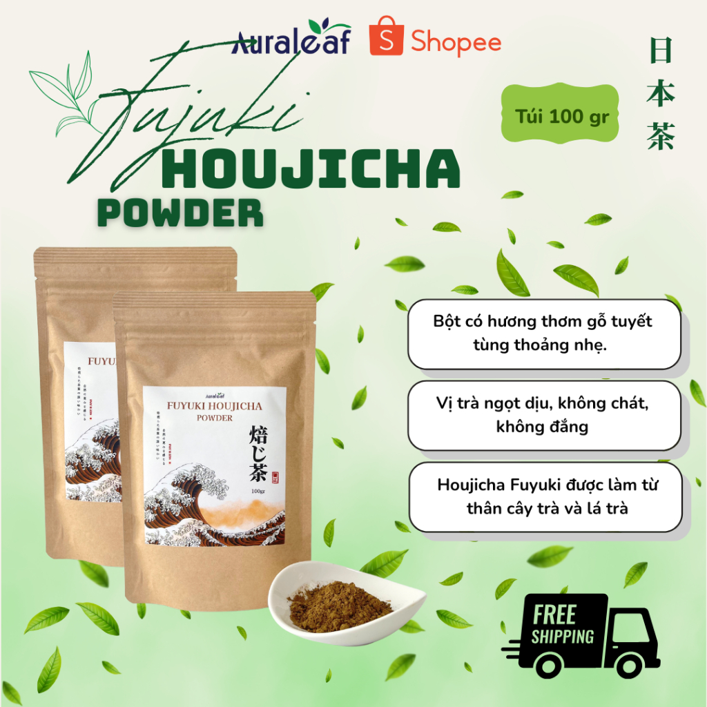 Bột Houjicha Fuyuki Nhật Bản Auraleaf Trà Rang Nguyên Chất Ít Caffeine, Pha Chế, Làm Bánh 100g