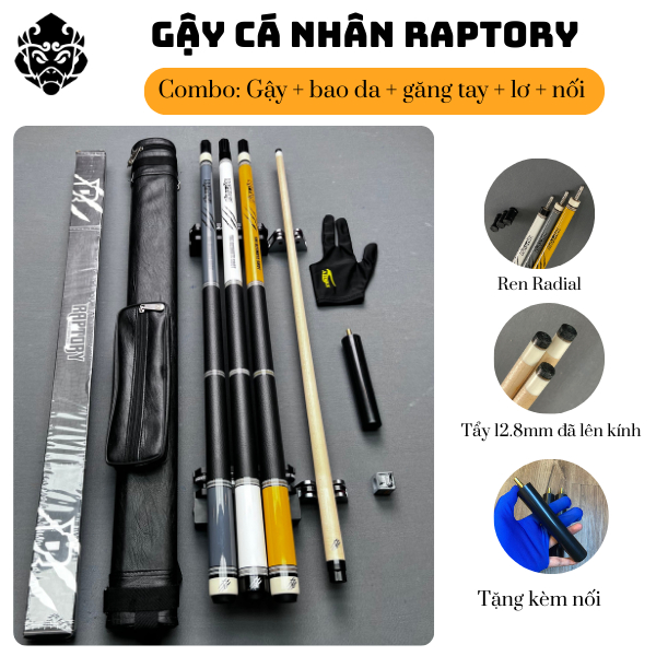 COMBO HÀNG ĐẬP HỘP CHÍNH HÃNG Gậy Bida RAPTORY Cá Nhân [Tặng Kèm nối] – Đầu Tẩy 12.8mm Gậy Bida Chuẩ