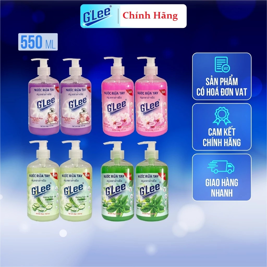 Combo 2 Nước Rửa Tay GLee Cao Cấp-Chai Lớn 550ml, Sát Khuẩn, Dưỡng Ẩm, Hương Nước Hoa+Dưa Leo+Hương 