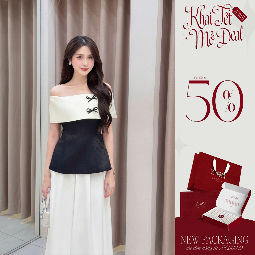 ZAMY SHOP - SM TK gấm trễ vai phối tafta nữ tiểu thư dịu dàng dạo phố đi làm, đi chơi form dễ mặc