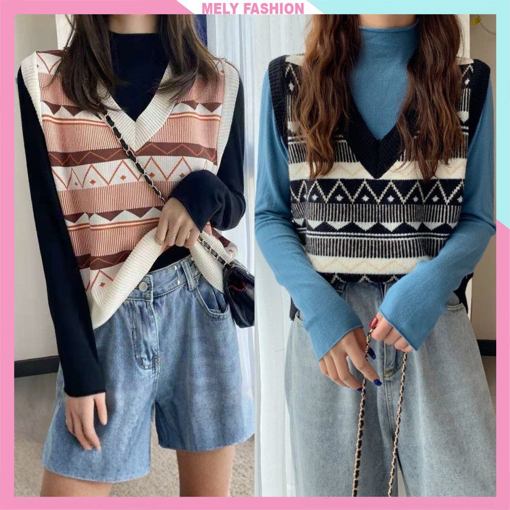 Áo len gile nữ Mely Fashion dáng rộng họa tiết thổ cẩm phong cách Ulzzang trẻ trung nữ tính dễ phối 