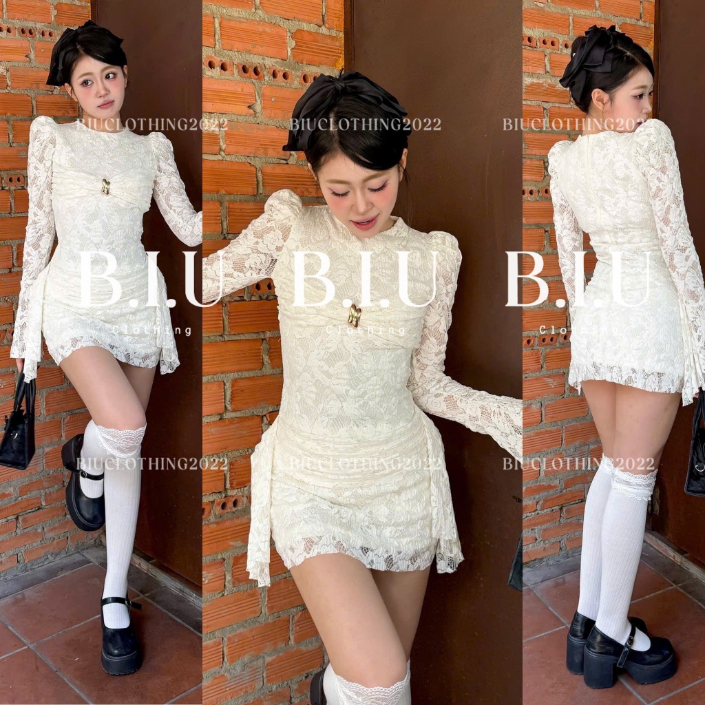 (50-55kg)Đầm tay dài loe đính khóa ngực bèo nhún eo sexy tôn dáng Uly Dress Biu Clothing BB0541 | BigBuy360 - bigbuy360.vn