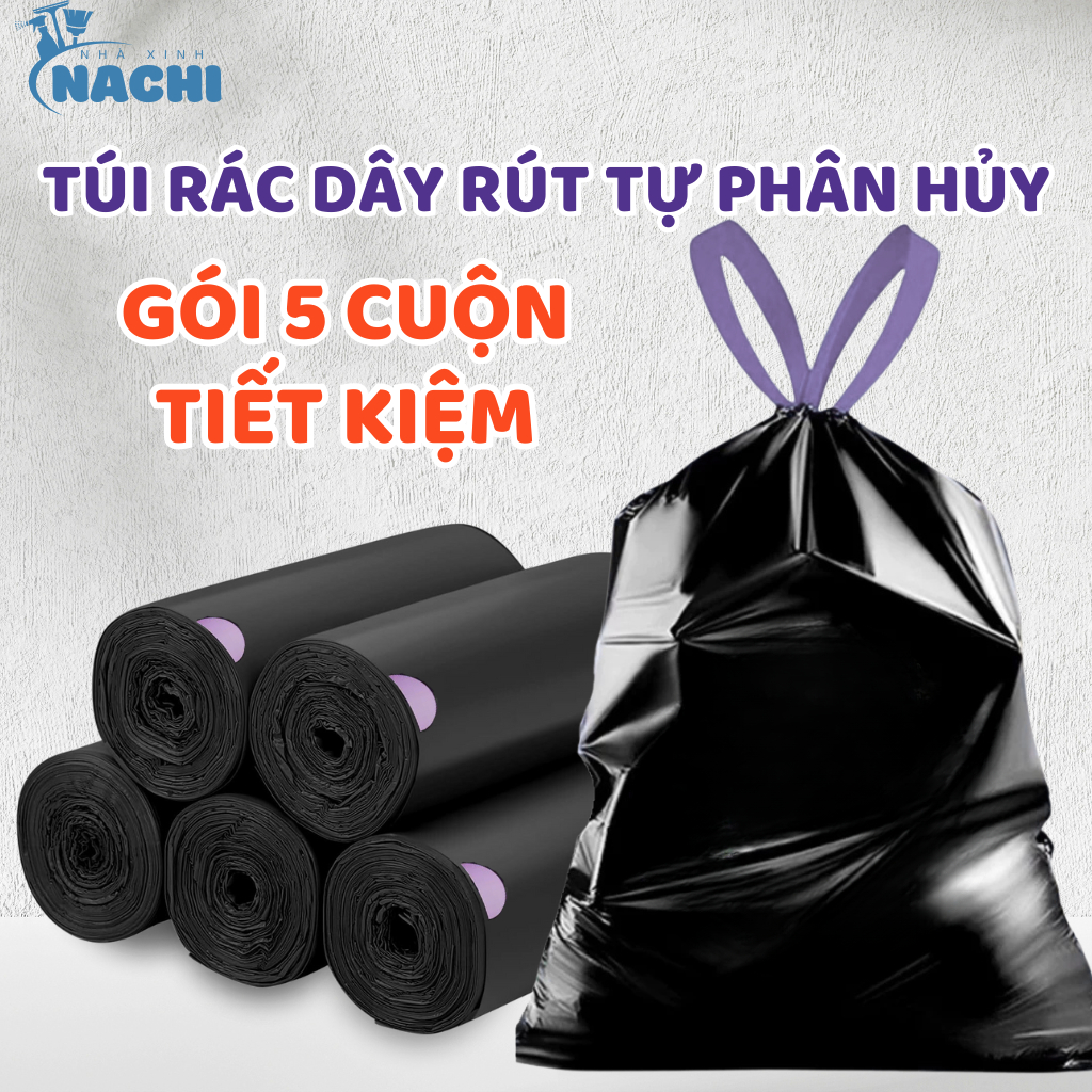 Túi Rác Có Dây Rút Tự Phân Hủy Túi Đựng Rác Đen Có Quai Xách 10kg Dày Dặn Chống Rò Rỉ Nước 50 x 55cm