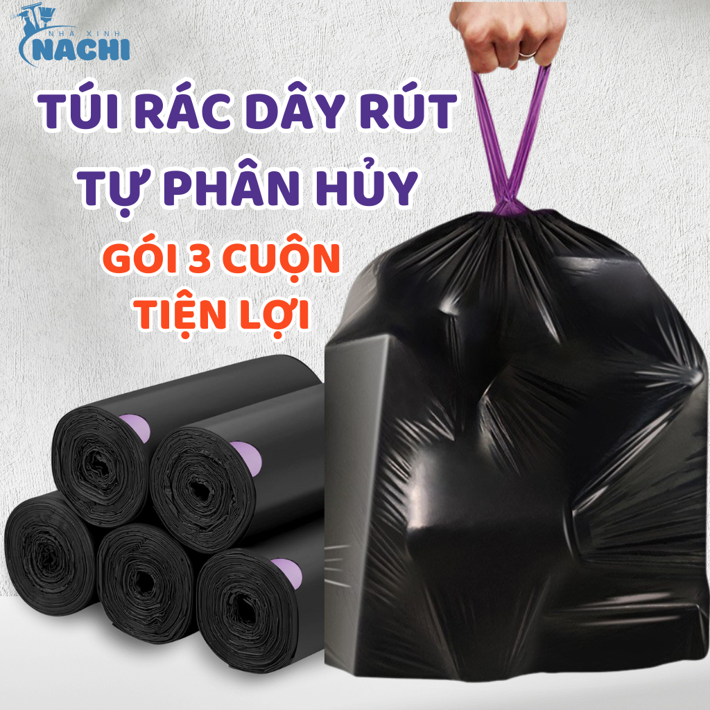 Túi Rác Có Dây Rút Tự Phân Hủy Túi Đựng Rác Đen Có Quai Xách 10kg Dày Dặn Chống Rò Rỉ Nước 50 x 55cm