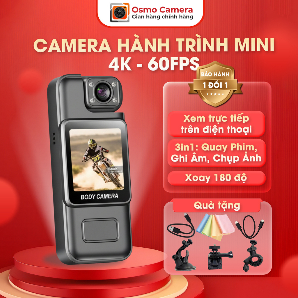 Camera Hành Trình 4K Màn Hình LCD Xem Trực Tiếp, Camera Gắn Xe Máy Chống Rung, Quay Đêm, Máy Quay Góc Rộng, Pin Trâu
