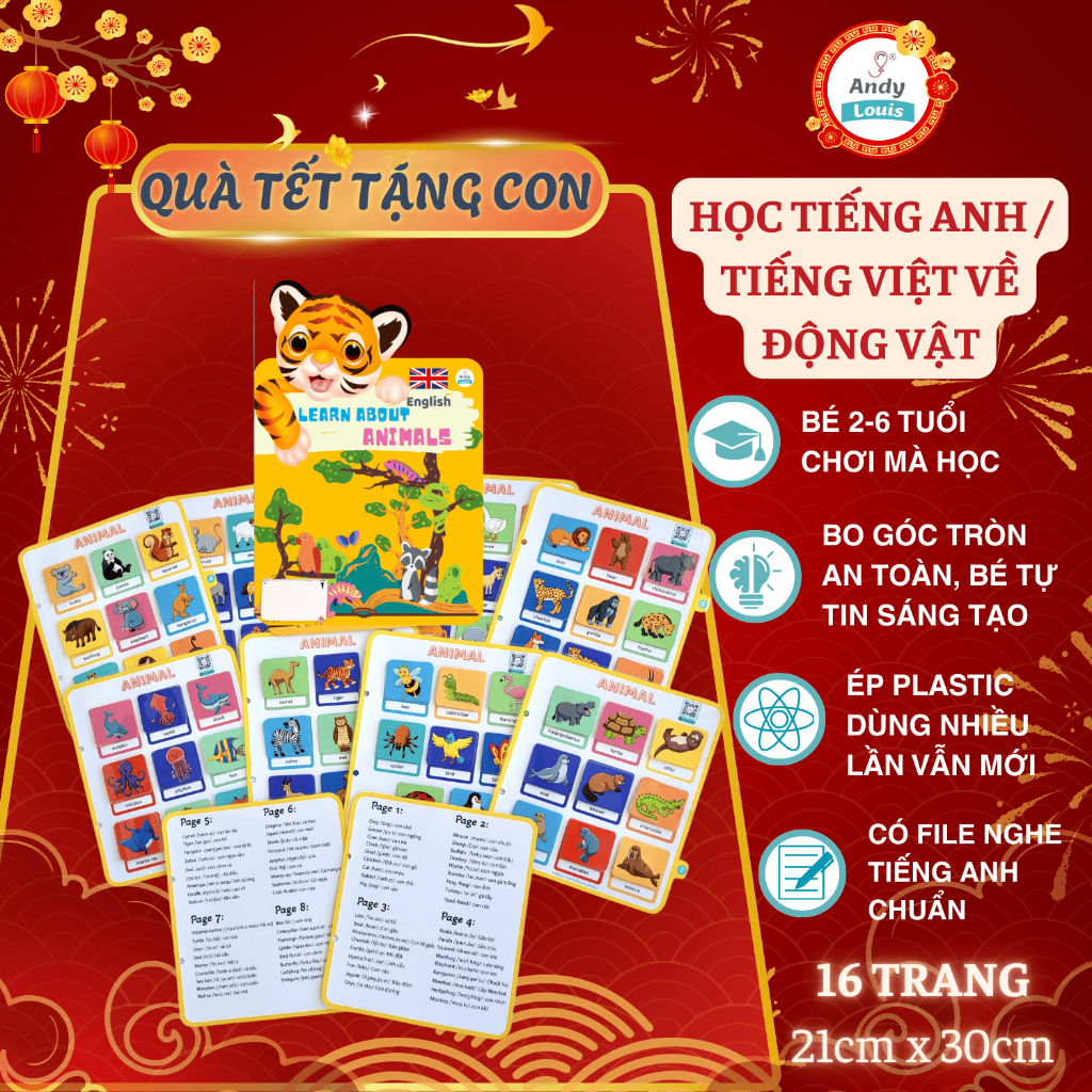 Đồ Chơi Bóc Dán Chủ Đề Động Vật Tiếng Việt/Tiếng Anh Cho Bé, Học Liệu Phát Triển Ngôn Ngữ Cho Trẻ An