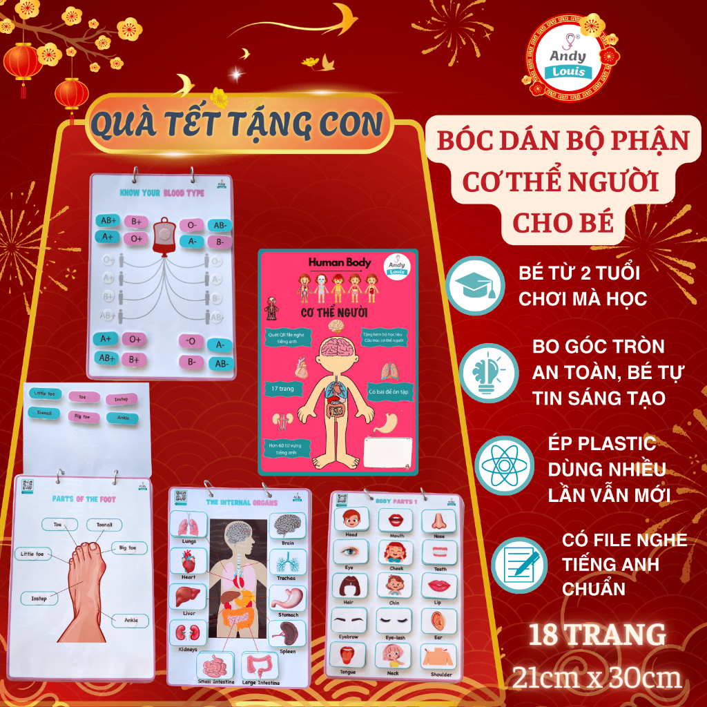 Đồ Chơi Bóc Dán Cơ Thể Người Cho Bé Andy Louis, Bóc Dán Montessori Sử Dụng Nhiều Lần