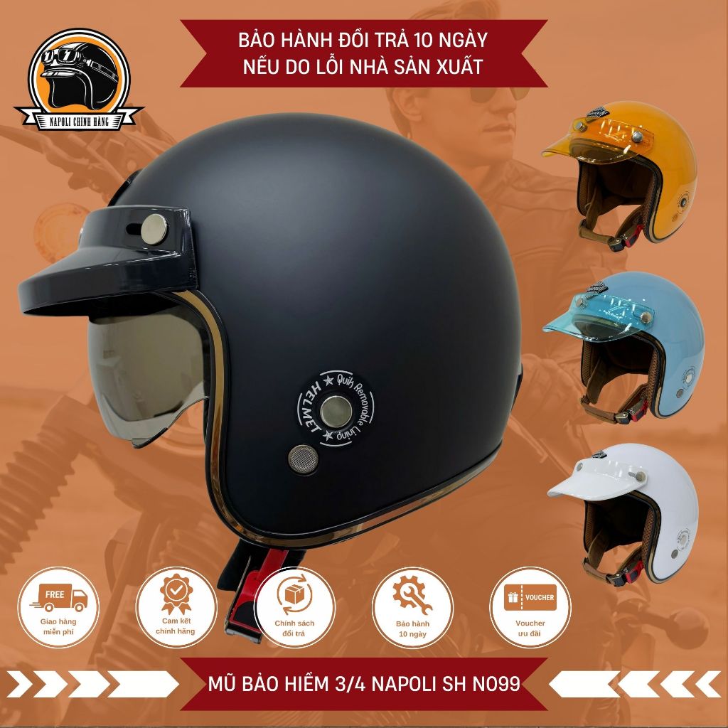Mũ Bảo Hiểm 3/4 Napoli [CHÍNH HÃNG][FREESHIP] - Nón Bảo Hiểm Kính Âm Napoli SH N099 - Viền Đồng