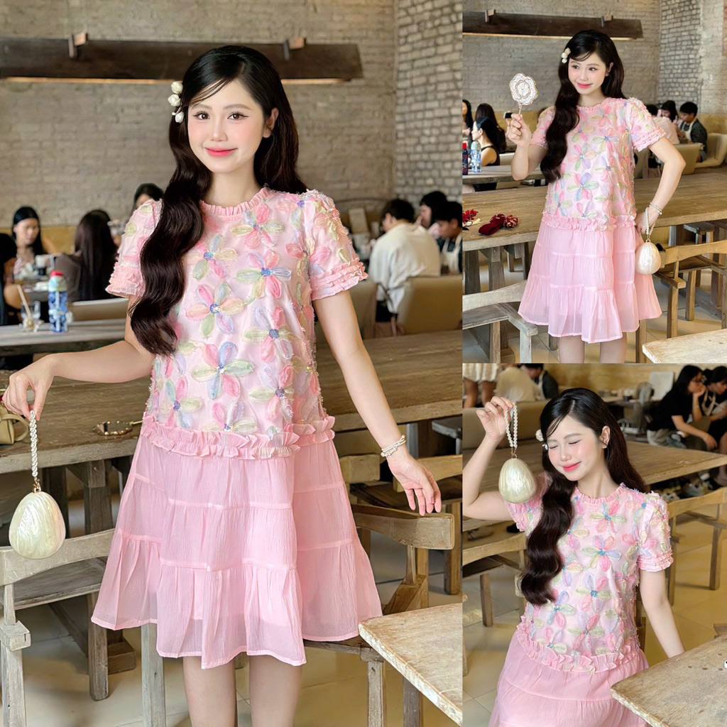 EVERMOM l Đầm bầu Tết Hatachi tiểu thư hoa thêu nổi 3D phối đuôi cá tầng điệu đà cho mẹ mang Tết đi 