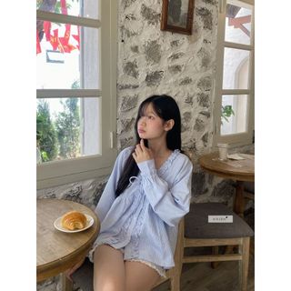  Yemoja Top - Áo babydoll nữ áo sơ mi nữ sọc kiểu bánh bèo nơ ngực dài tay nhiennhienvintage BA472 